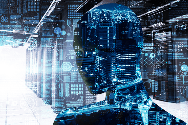 A humanfigure overlaid by a futuristic cityscape